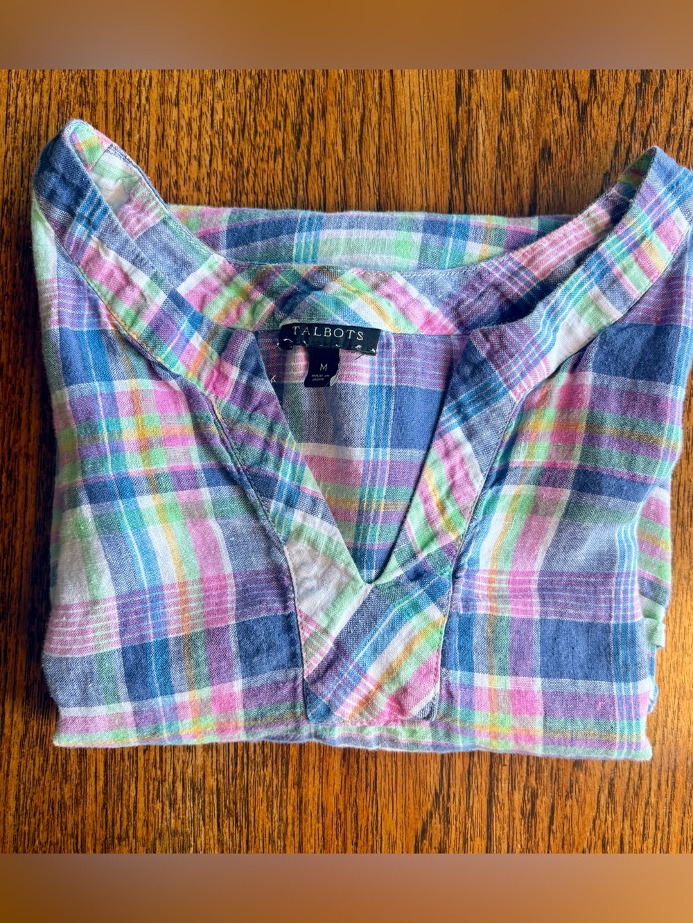 Talbots 100% Linen Madras Plaid Sleeveless Split Neck Top Shell Size M - Picture 8 of 9